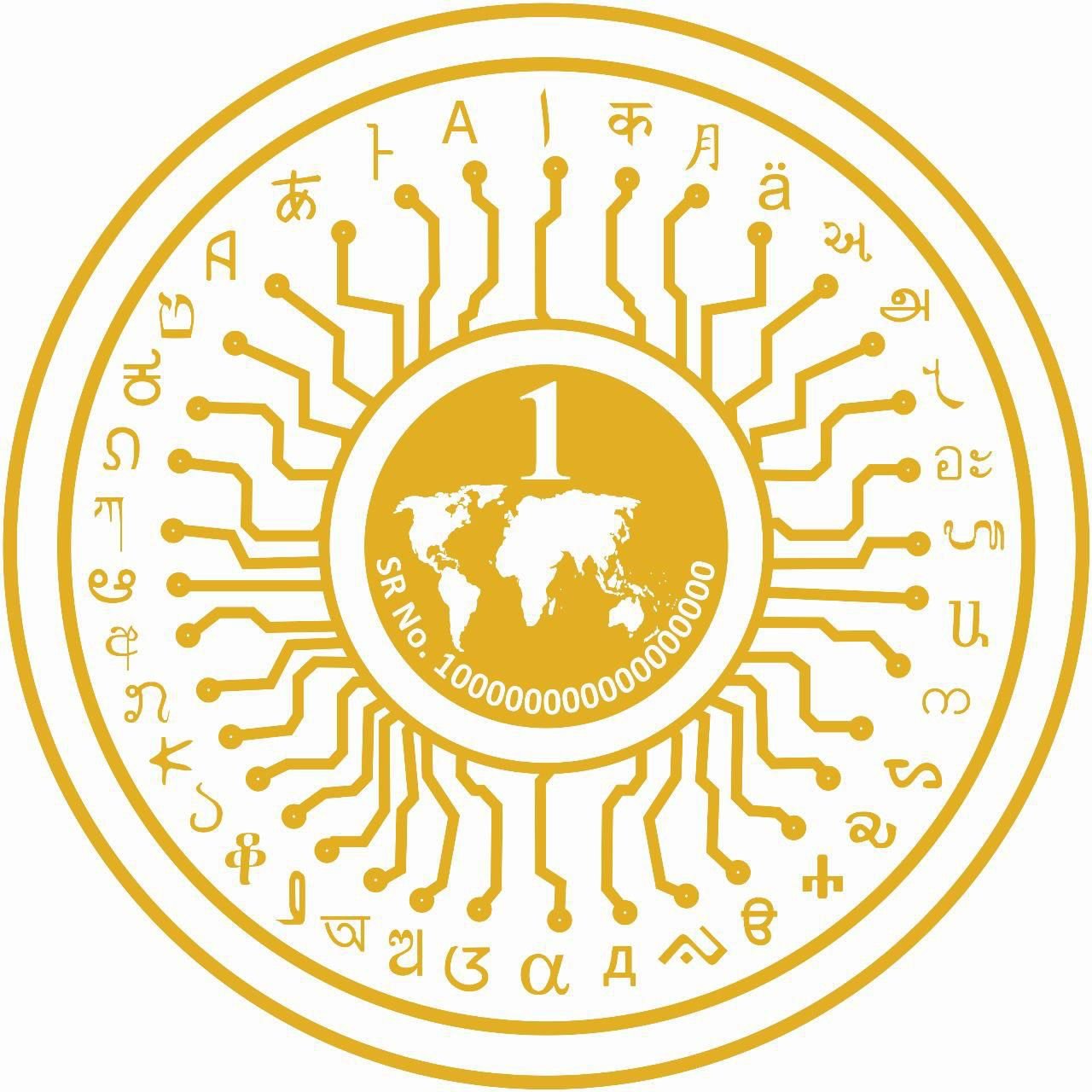 Gold Peace Coin with global map and blockchain design.