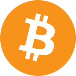 Bitcoin logo in an orange circle for cryptocurrency representation.